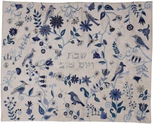 Picture of Yair Emanuel Embroidered Challah Cover Blue Birds and Flowers Design White 20" x 16"